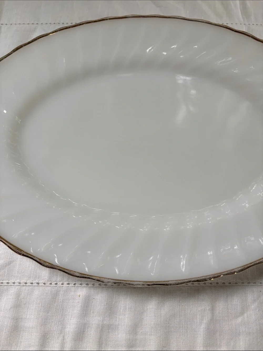 Vintage Anchor Hocking Milk Glass Serving Platter with Gold Rim